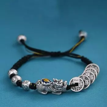 S925 Sterling Silver Handwoven Silver Qing Dynasty Five Emperors Coins Bracelet Hand-Woven Ancient Silver Copper Coin Carrying Strap Couple Bracelet Bracelet (15-19 wrists)