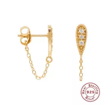S925 Sterling Silver Inlaid Zircon Hanging Chain Earrings Earline Skinny Wind Earrings золотой