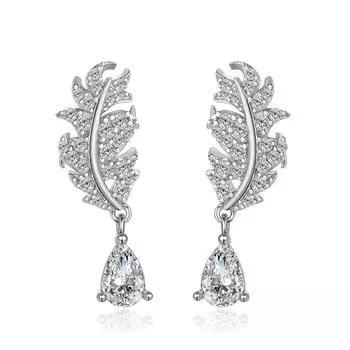 S925 Sterling Silver Leaf Fringed Full Diamond Stud Earrings Fashionable Water Drop Pear-Shaped Zircon Earrings Women 925 Silver белого золота