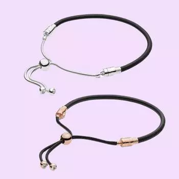 S925 стерлингового серебра момент черный кожаный браслет слайдер для женщин новогодний подарок на вечеринку модные ювелирные изделия