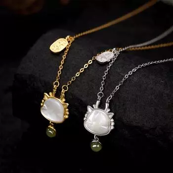 S925 sterling silver Ping An Dragon necklace light luxury cute white shell dragon female zodiac dragon collarbone chain natal year 925 Silver