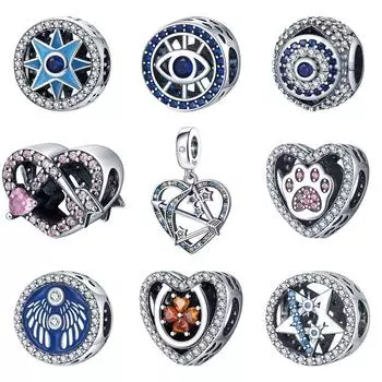 S925 стерлингового серебра розовый лук стрела сердце голубые глаза звезды блестящие бусины подходят оригинальные подвески браслет женские роскошные ювелирные изделия