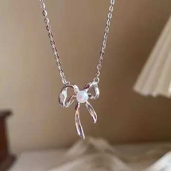 Ожерелье-бантик из стерлингового серебра S925 пробы для женщин с ракушечным жемчугом, милое, темпераментное, универсальное, интересный дизайн, высококачественная ключичная цепочка 925 серебряный