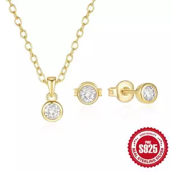 S925 Sterling Silver Simple Classic Round Hemming Inlaid Zircon Necklace + Stud Earrings Combination Commuter Set 925 Silver
