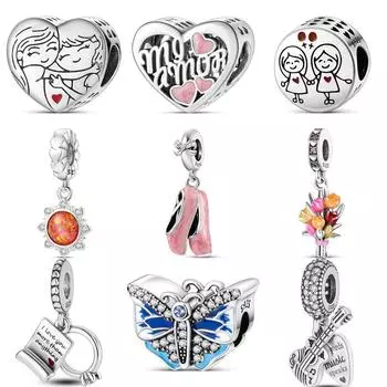 S925 Sterling Silver Sister Bouquet Sun Shoes Love Ring Guitar Fine Beads Fit Original Charms Bracelet DIY Luxury Jewelry