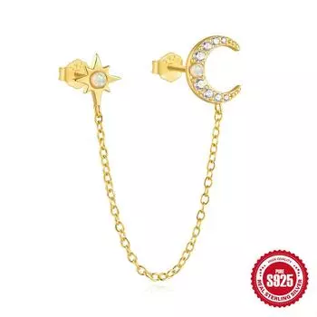 S925 Sterling Silver Star And Moon Fringed Zircon Stud Earrings Women S Niche High-End Opal Chain Earrings Octagram Earrings 925 Silver