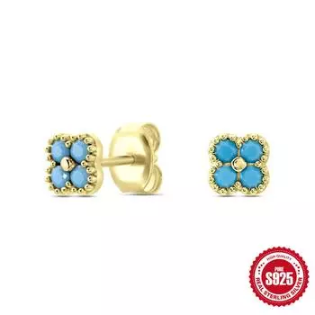 S925 Sterling Silver Sterling Silver Petal Diamond Turquoise Vintage Stud Earrings Douyin Popular Minority Earrings 925 Silver