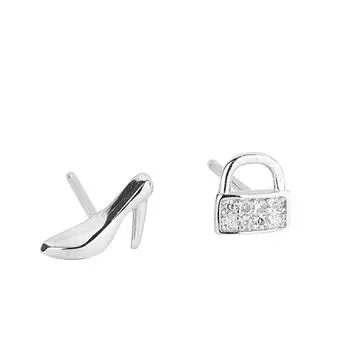 S925 Sterling Silver Stud Earrings High Heels Bag Asymmetric Creative Personalized Earrings Fashionable and Versatile Earrings Silver Jewelry 925 белый