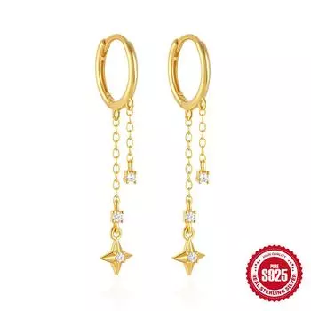 S925 Sterling Silver Tassel Chain Four Diamonds Quad Star Flower Light Luxury Geometric Zircon Inlaid Earrings Earrings 925 Silver