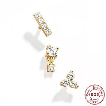 S925 Sterling Silver Zircon Stud Earrings Three Sets Stacked Earrings Set Geometric Combination Color Earrings 925 Silver