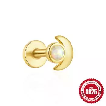 S925 Стерлинговое серебро Сапфир Капающий опал Мода Пирсинг Внутренняя резьба Плоское дно 16G Серьги-пусеты для хряща уха