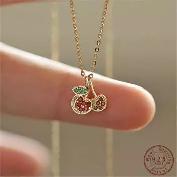 S925 стерлингового серебра 14k позолоченное ожерелье красочный циркон вишня милый фрукт маленький кулон ожерелье для женщин свидание ювелирные изделия 43cm золотой