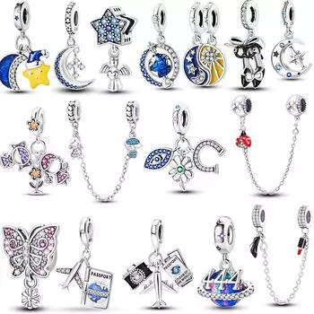 S925 стерлингового серебра блестящая луна звезда подвеска цепочка безопасности самолет паспорт подходит оригинальный браслет DIY подвеска ювелирные изделия подарки