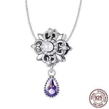 S925 Стерлингового Серебра Блестящий Винтаж Фиолетовый Циркон Подвеска Pave Установка CZ Ожерелье для Женщин Подарок на День Святого Валентина Изящные Ювелирные Изделия