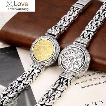 S925 стерлингового серебра браслеты с подвесками мантра шести слогов ваджра пестик вращающаяся ручная нить браслет из чистого серебра ювелирные изделия 18cm