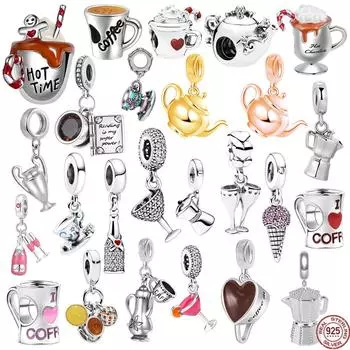 S925 Стерлингового Серебра Бутылка Игристого Вина Кофейник Мороженое Мотаться Шарм Бусины Подходит Оригинальный Браслет Модные Ювелирные Изделия