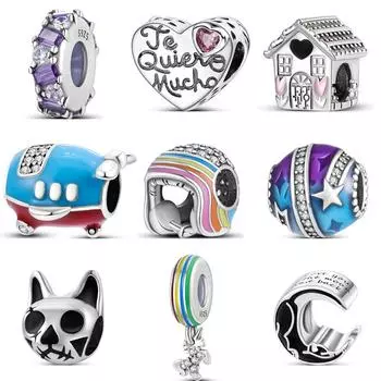 S925 Стерлингового Серебра Дом Звезды Луна Самолет Защитный Шлем Единорог DIY Бусы Подходит Оригинальные Подвески Браслет Женские Ювелирные Изделия