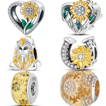 S925 Стерлингового Серебра Хризантема Подсолнух Золотая Серия Подвески Бусины Подходит Оригинальные Браслеты SS925 DIY Ювелирные Изделия Подарки