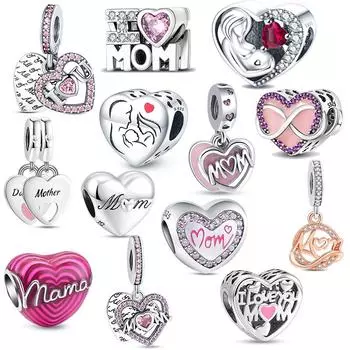 S925 Стерлингового Серебра I Love Mom Heart Двойные Висячие Шармы Mama Fit Оригинальный Браслет Модные Ювелирные Изделия Подарок Для Женщин