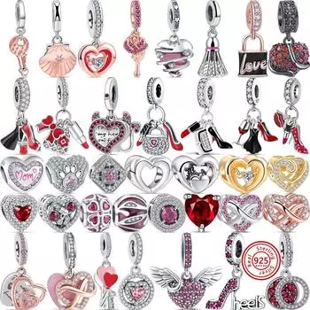S925 стерлингового серебра красное сияющее сердце циркон помада ракушка жемчуг Always Love бусины подходят оригинальные подвески браслет ювелирные изделия