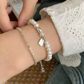 S925 Стерлингового Серебра Lucky Bean Длинный Брендовый Браслет с Буквой Женский Нежный Темперамент Пресноводный Жемчуг Браслет Лучшего Друга Элегантный Наконечник 16CM