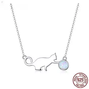 S925 стерлингового серебра милый кот, играющий в мяч, кулон, ожерелье, опаловая цепочка для женщин и девочек, подарочные ювелирные изделия