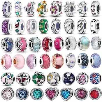 S925 Стерлингового Серебра Муранское Стекло Красные Бусины Синий Розовый Фиолетовый Круглый Шарм Plata De Ley S925 Для Оригинальных Браслетов Ювелирных Изделий