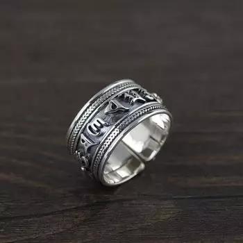 S925 Стерлингового Серебра Национальный Стиль Шесть Символов Мантры Открытое Кольцо Мужское Мужское Твердое Серебро Ретро Ваджра Кольцо Ювелирные Изделия Resizable золотистый