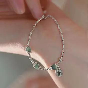 S925 стерлингового серебра натуральный нефрит Хотан нефрит маленькие кусочки серебряного браслета для девочек ретро дизайн меньшинства чувство всесочетания