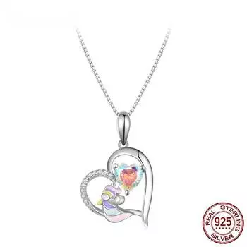 S925 Стерлингового Серебра Нежный Цветной Циркон Сердце Кулон Ожерелье Эмаль Единорог Шея Цепочка для Женщин Изящные Ювелирные Изделия