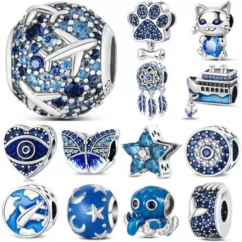 S925 Стерлингового Серебра Новый Осьминог Бабочка Корабль Синяя Серия Подвески Бусины Подходит Оригинальные Браслеты SS925 DIY Ювелирные Изделия Подарки