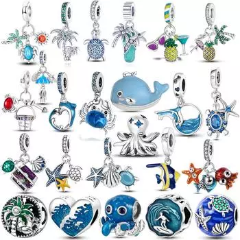 S925 Стерлингового Серебра Океан Летний Стиль Мотаться Черепаха Морская Звезда Осьминог Дельфин Бусины Подвески Подходит Оригинальный Браслет Ювелирные Изделия