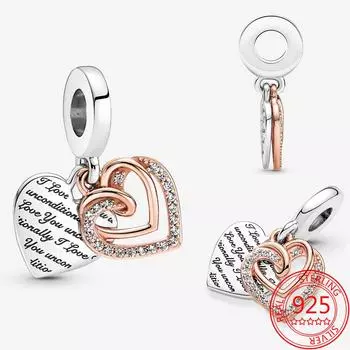 S925 стерлингового серебра переплетенные сердца двойной шарм подходят оригинальные модные браслеты Diy 925 серебра девушки ювелирные изделия подарок