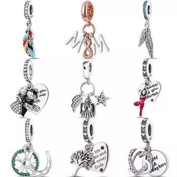 S925 Стерлингового Серебра Перо Ангела Клевер Дерево Мама Сердце Кулон DIY Бусины Подходит Оригинальные Подвески Браслет Изящные Ювелирные Изделия Подарок