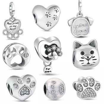 S925 стерлингового серебра Pet Cat Dog Paw My Best Friend Очаровательные бусины подходят для оригинального браслета DIY Изготовление ювелирных изделий аксессуары подарок
