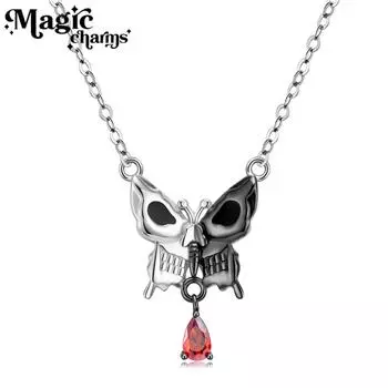 S925 Стерлингового Серебра Покрытие Черное Золото Diablo Череп Бабочки Ожерелье Ретро Готический Панк Стиль