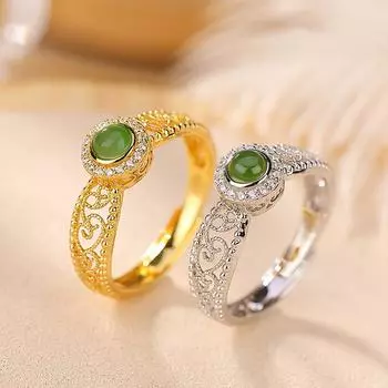 S925 Стерлингового Серебра Позолоченное Hetian Jade Jasper Роскошное Модное Филигранное Полое Кольцо Ruyi Темпераментное Кольцо