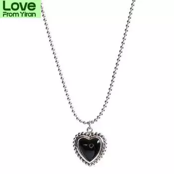 S925 стерлингового серебра ретро нишевый дизайн черный агат любовь сердце круглая цепочка бусины женское ожерелье 40cm чёрный