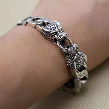 S925 стерлингового серебра резной двойной леопард голова большой толстый браслет на руку S925 цепочка adjustable opening