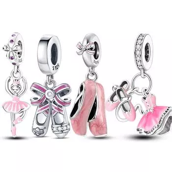 S925 Стерлингового Серебра Розовый Балетки Коньки Подвески Подвески Подходит Оригинальный Браслет Ожерелье Изготовление Ювелирных Изделий Для Женщин Подарок