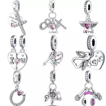 S925 Стерлингового Серебра Розовый Циркон Сердце Любовь Ангел Музыкальный Подвеска Сладкие Бусины Подходит Оригинальные Подвески Браслет DIY Ювелирные Изделия Подарок