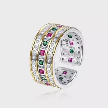 S925 стерлингового серебра широкое трехслойное циркониевое кольцо женское полое позолоченное тяжелое регулируемое кольцо на палец разноцветный