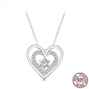 S925 Стерлингового Серебра Сверкающее Двойное Сердце Кулон Ожерелье Танцующее Сердце Цепочка На Шею для Женщин Подарок на День Святого Валентина