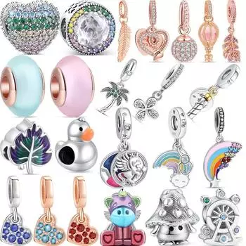 S925 стерлингового серебра сверкающий перо шишка кулон утки цветы бусины подходят оригинальные подвески браслет ювелирные изделия