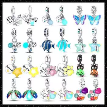 S925 Стерлингового Серебра Светящиеся Звезды Светлячка Синяя Рыба Светящиеся Шармовые Бусины Подходит для Оригинального Браслета DIY Изготовления Ювелирных Изделий