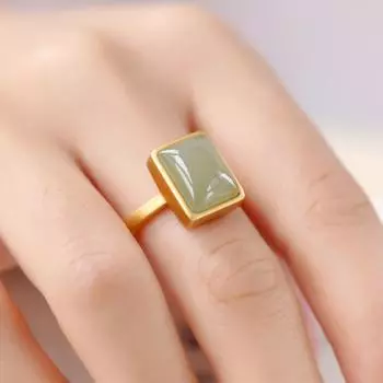 S925 Стерлингового Серебра Темпераментный Персонализированный Натуральный Нефрит Hetian Зеленый Нефрит Кольцо Геометрический Простой Орнамент для Женщин