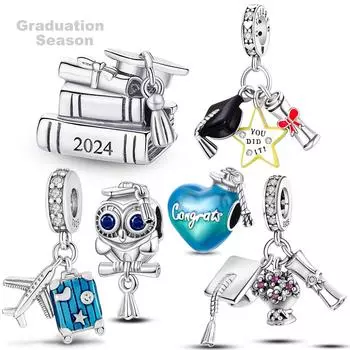 S925 Стерлингового Серебра Выпускной Сезон Подвески Бусины Кепка Бакалавра Кепка Чемодан Самолет Мотаться Подходит Оригинальный Браслет Ювелирные Изделия