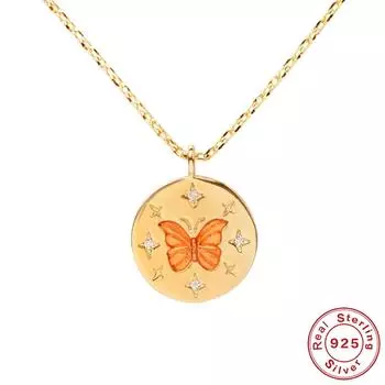 S925 стерлингового серебра Wind Круглый бренд бриллиантовая оправа Fun Butterfly Drop Oil Youth Vitality Clavicle Chain Дамское ожерелье 925 silver золотой