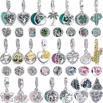 S925 Стерлингового Серебра Зеленый Генеалогическое Дерево Фиолетовые Листья Розовые Цветы Кулон Бусины Подходит Оригинальные Подвески Браслет Изящные Ювелирные Изделия