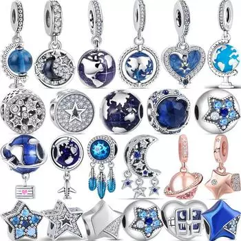 S925 Стерлингового Серебра Звезды Луна Земля Солнце Планета Космос Подвеска Изысканные Бусины Подходит Оригинальные Подвески Браслет Женщины Ювелирные Изделия Подарок
